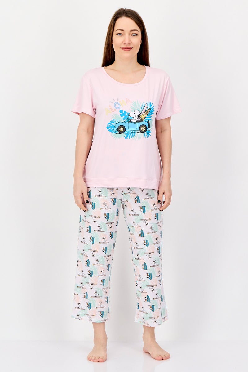 Peanuts Women 2Pcs Snoopy Print Pajama Top And Pants Set, Multicolor - Image 1